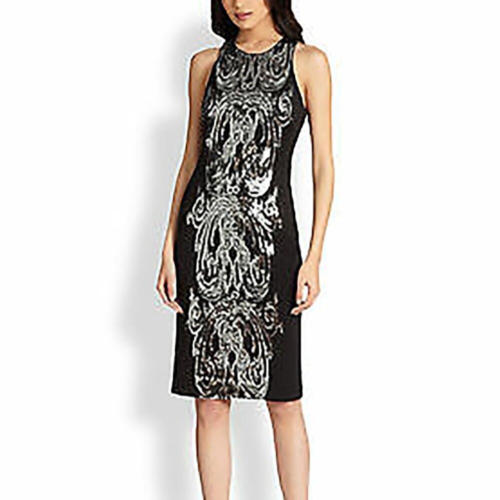 David Meister Silver Metallic Sequin Art Deco Cocktail Party Black Dress Sz 2